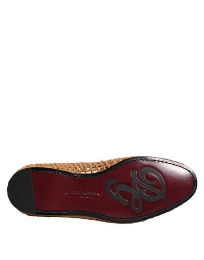 Dolce &amp; Gabbana Brown Woven Raffia Slip On Loafers Shoes