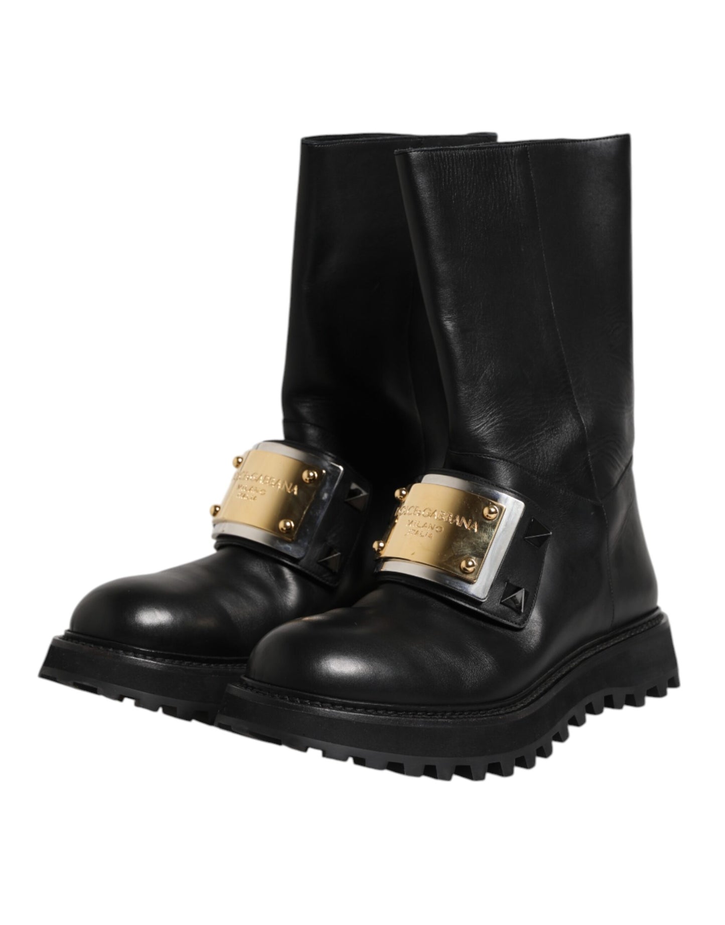 Dolce & Gabbana Black Leather DG Logo Plaque High Boots Shoes by Dolce & Gabbana