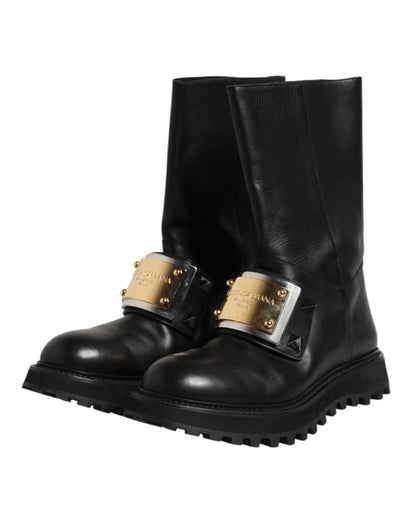 Dolce & Gabbana Black Leather DG Logo Plaque High Boots Shoes by Dolce & Gabbana