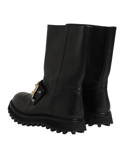 Dolce & Gabbana Black Leather DG Logo Plaque High Boots Shoes by Dolce & Gabbana