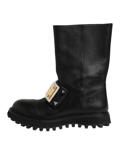 Dolce & Gabbana Black Leather DG Logo Plaque High Boots Shoes by Dolce & Gabbana