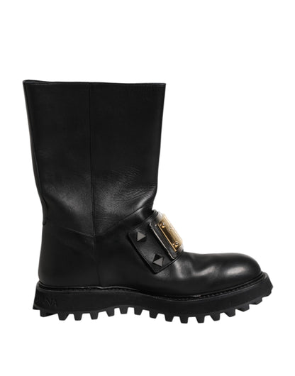 Dolce & Gabbana Black Leather DG Logo Plaque High Boots Shoes by Dolce & Gabbana