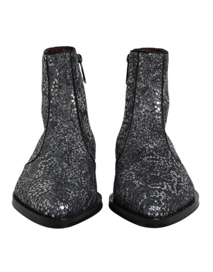 Dolce & Gabbana Dark Gray Cotton Sequined Chelsea Boots Shoes by Dolce & Gabbana