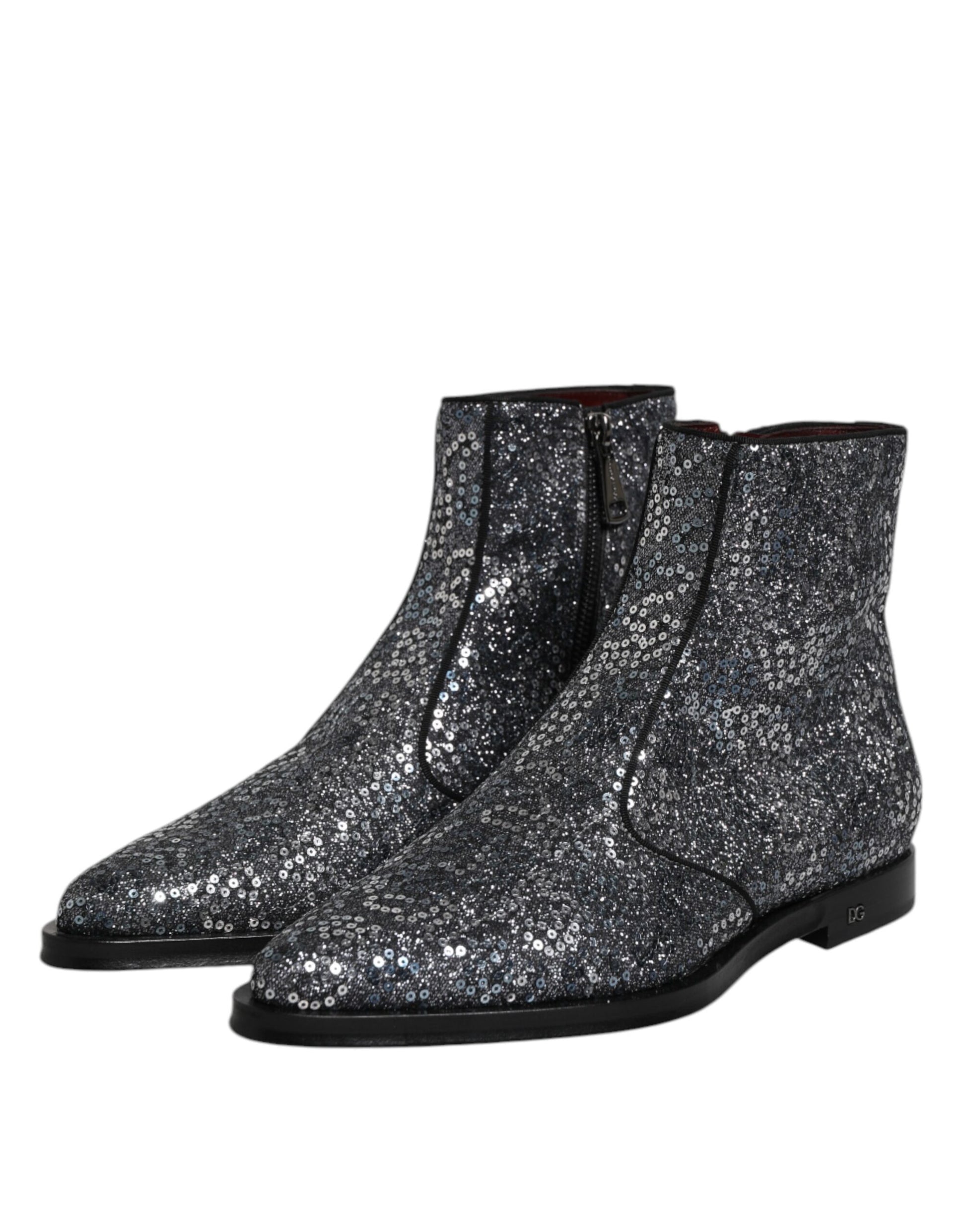 Dolce & Gabbana Dark Gray Cotton Sequined Chelsea Boots Shoes by Dolce & Gabbana