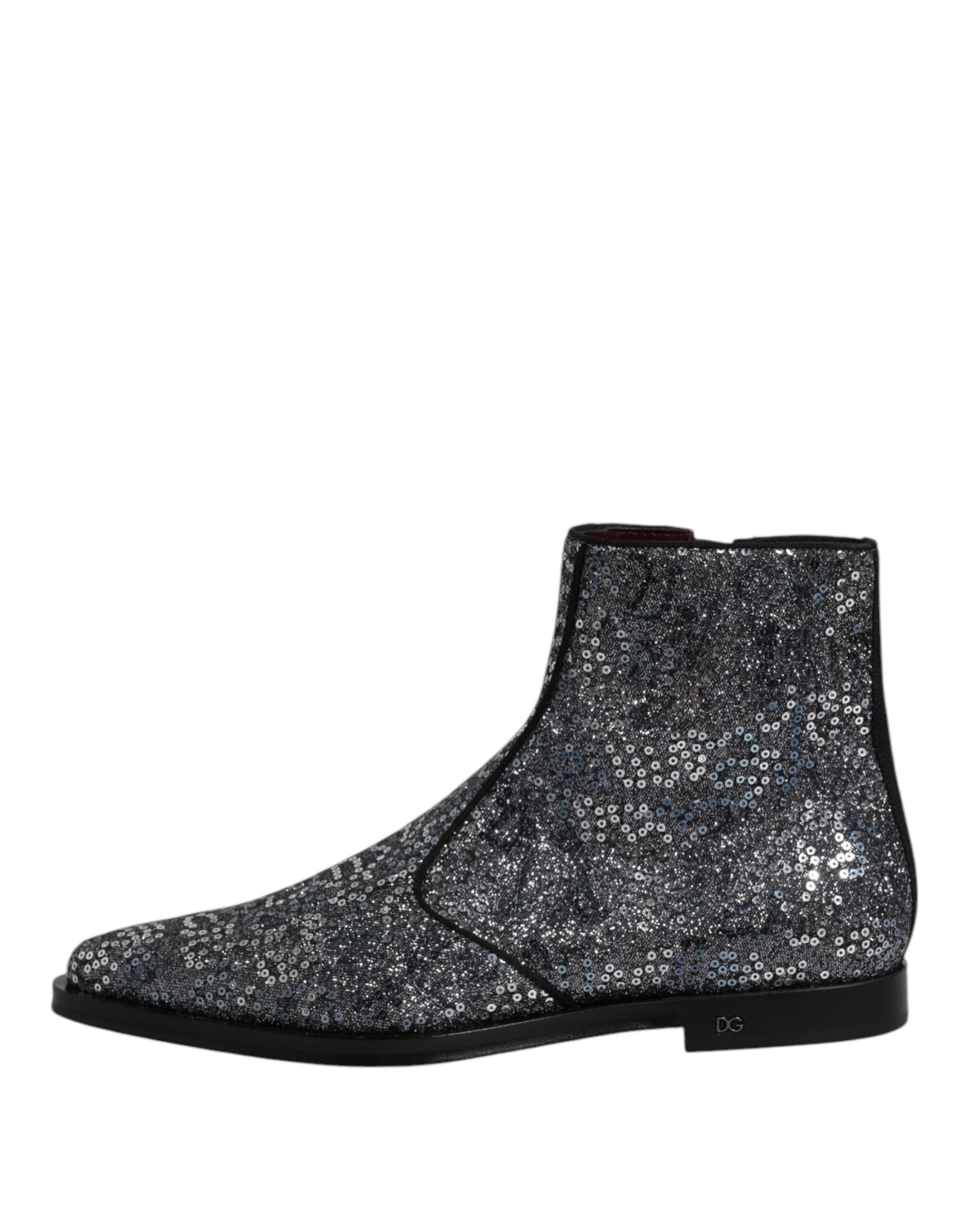 Dolce & Gabbana Dark Gray Cotton Sequined Chelsea Boots Shoes by Dolce & Gabbana