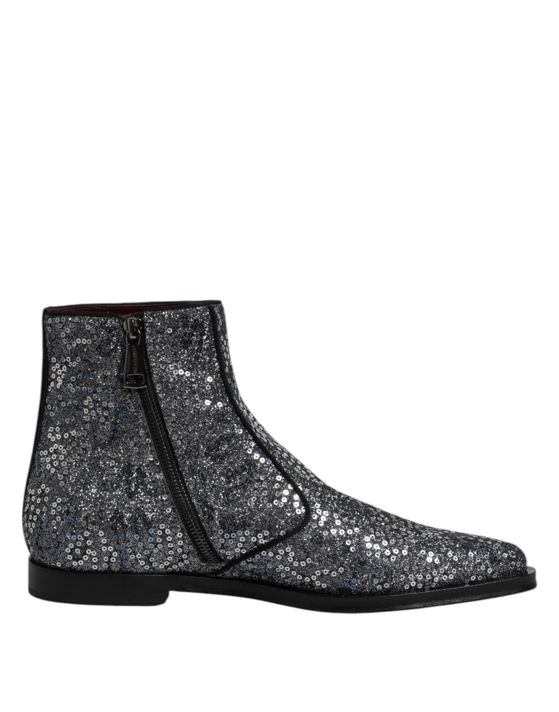 Dolce & Gabbana Dark Gray Cotton Sequined Chelsea Boots Shoes by Dolce & Gabbana
