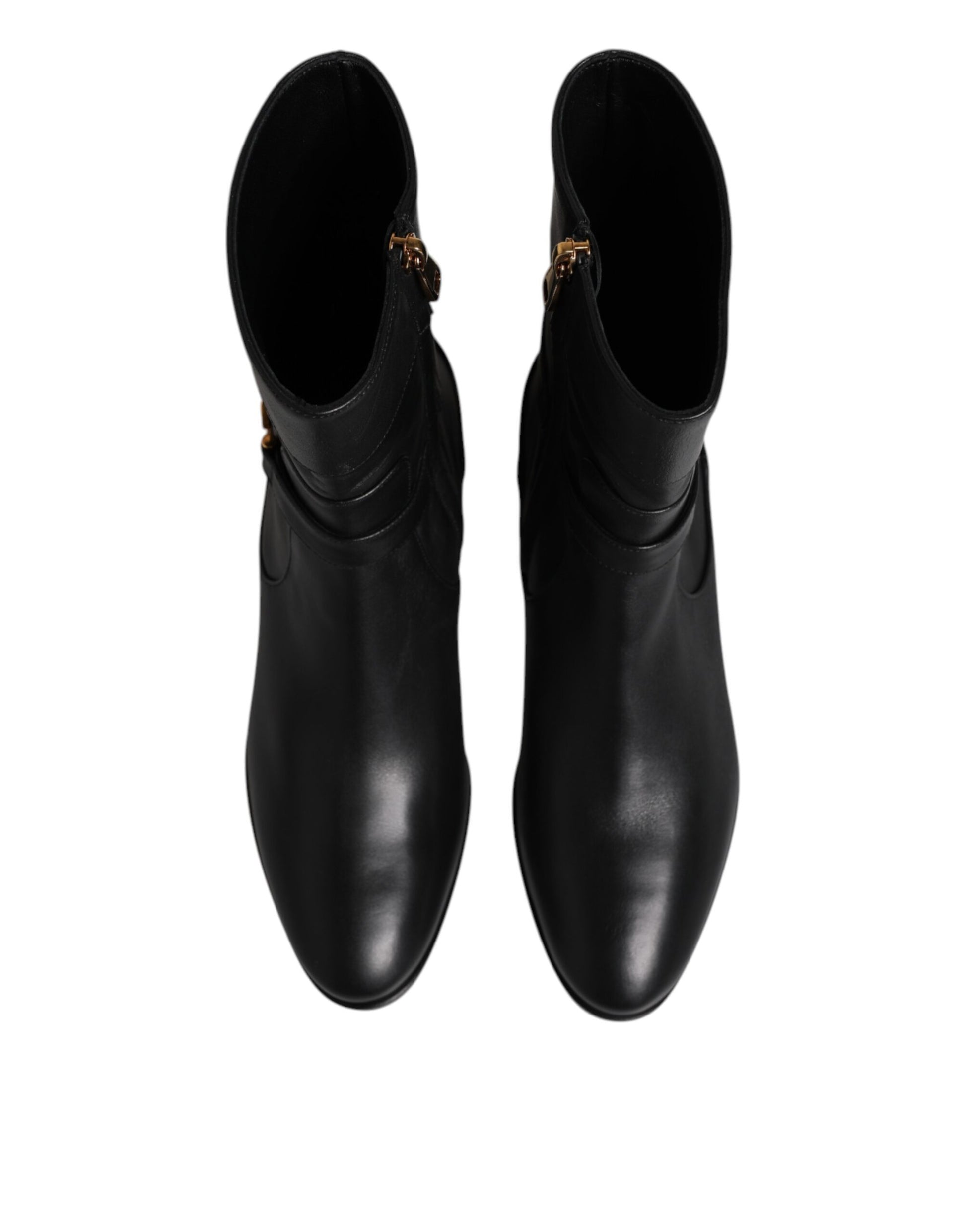 Dolce & Gabbana Black Leather Flats Logo Short Boots Shoes by Dolce & Gabbana