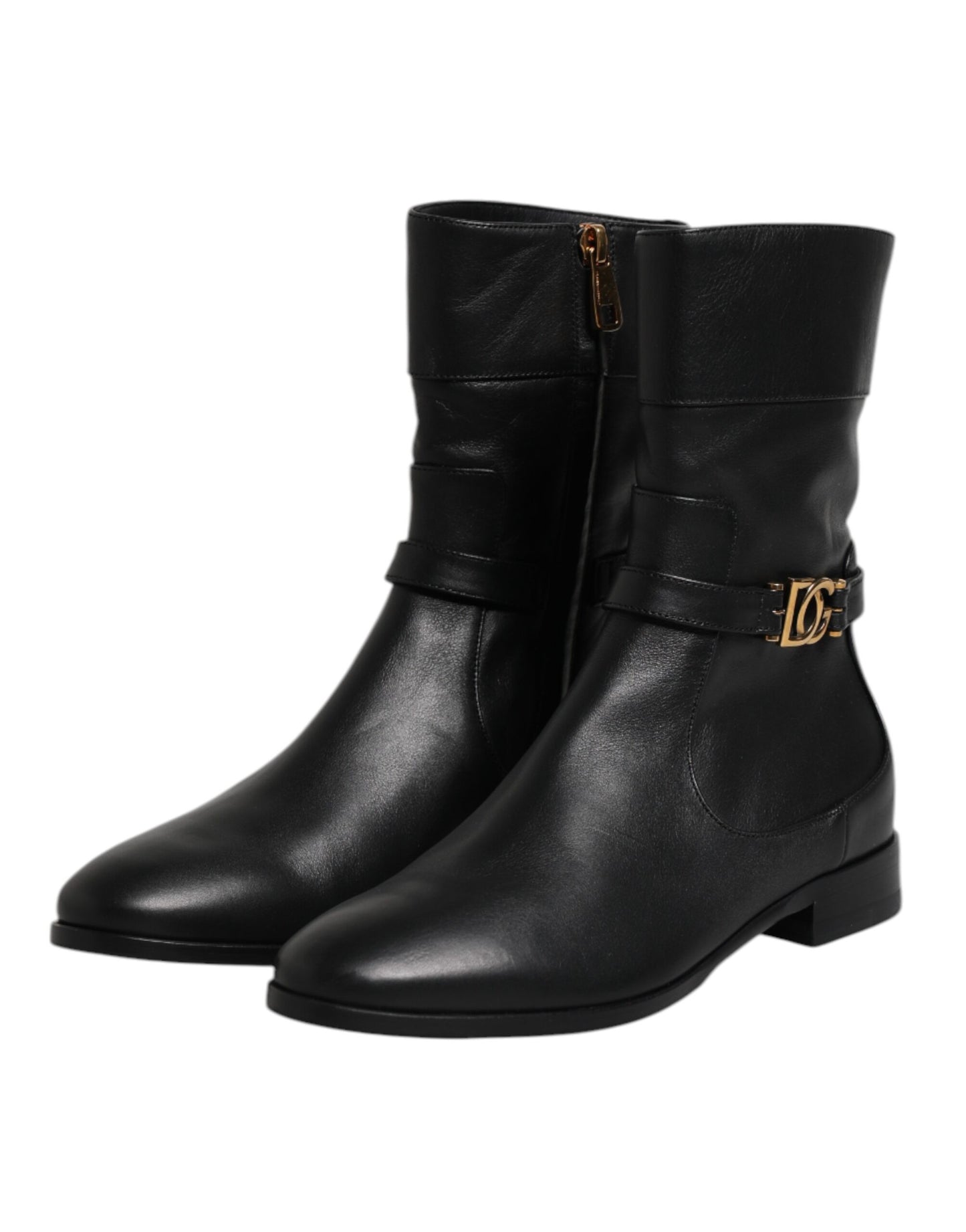 Dolce & Gabbana Black Leather Flats Logo Short Boots Shoes by Dolce & Gabbana