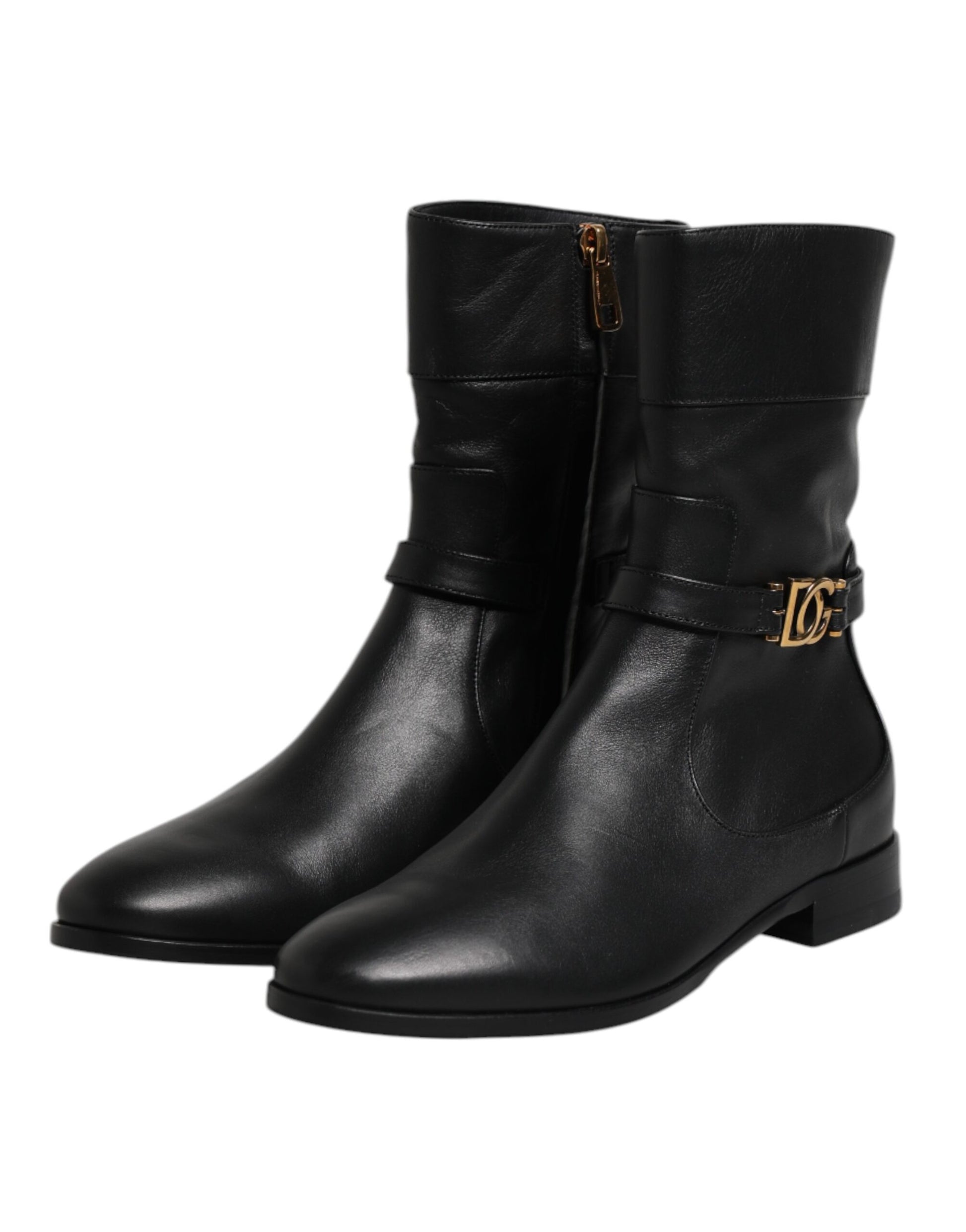 Dolce & Gabbana Black Leather Flats Logo Short Boots Shoes by Dolce & Gabbana