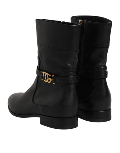 Dolce & Gabbana Black Leather Flats Logo Short Boots Shoes by Dolce & Gabbana