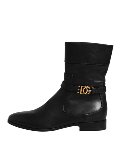 Dolce & Gabbana Black Leather Flats Logo Short Boots Shoes by Dolce & Gabbana