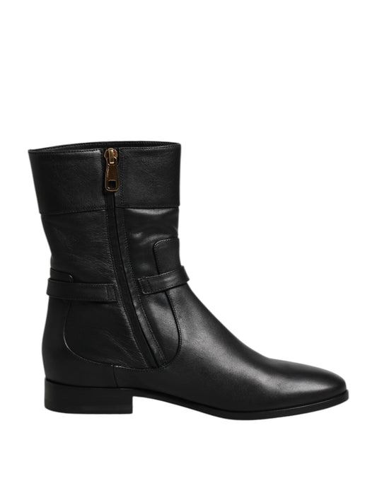 Dolce & Gabbana Black Leather Flats Logo Short Boots Shoes by Dolce & Gabbana