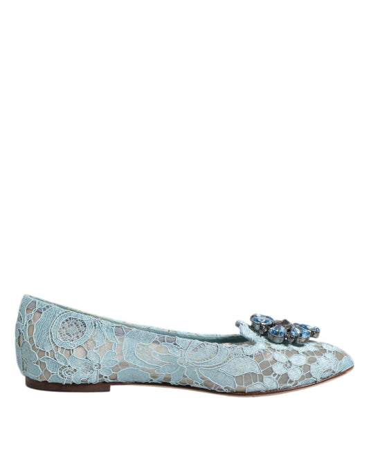 Dolce &amp; Gabbana Blue Lace Crystal Ballet Flats Loafers Shoes