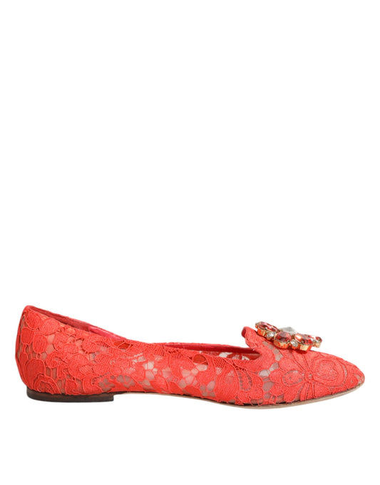Dolce &amp; Gabbana Orange Lace Crystal Ballet Flats Loafers Shoes