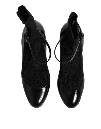 Dolce &amp; Gabbana Black Leather Lace Socks Heels Pumps Shoes