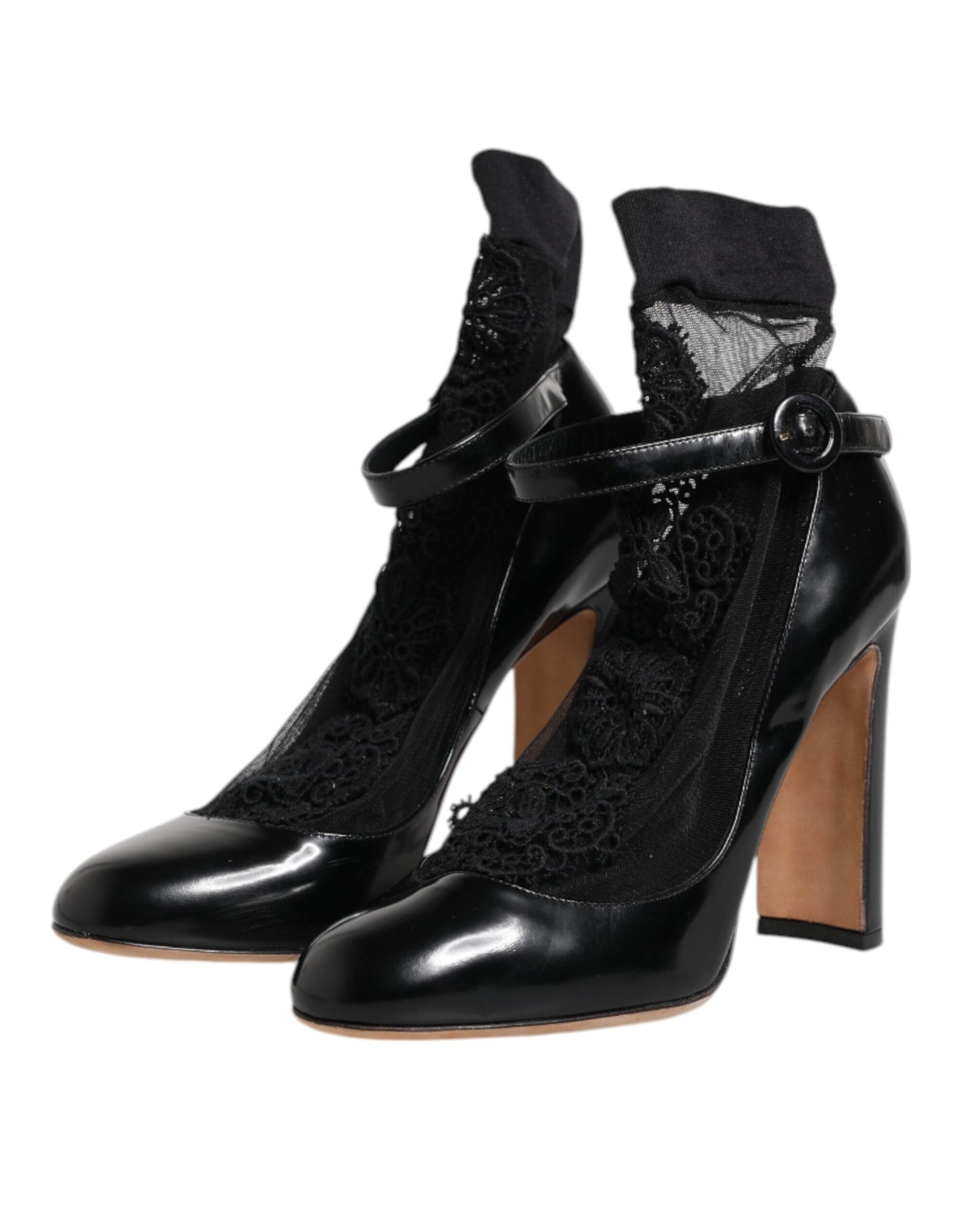 Dolce &amp; Gabbana Black Leather Lace Socks Heels Pumps Shoes
