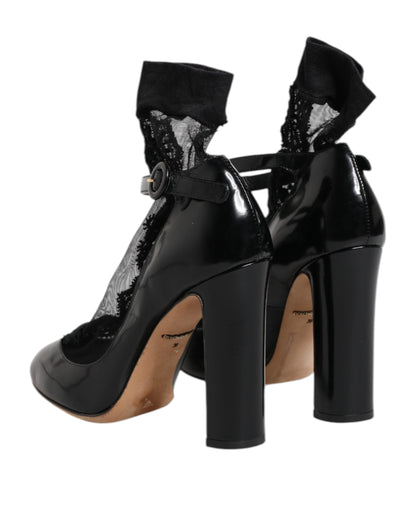 Dolce &amp; Gabbana Black Leather Lace Socks Heels Pumps Shoes