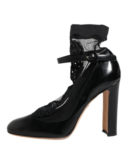Dolce &amp; Gabbana Black Leather Lace Socks Heels Pumps Shoes
