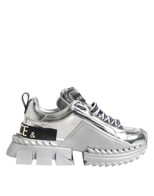 Dolce & Gabbana Silver Leather Super Queen Sneakers Shoes by Dolce & Gabbana