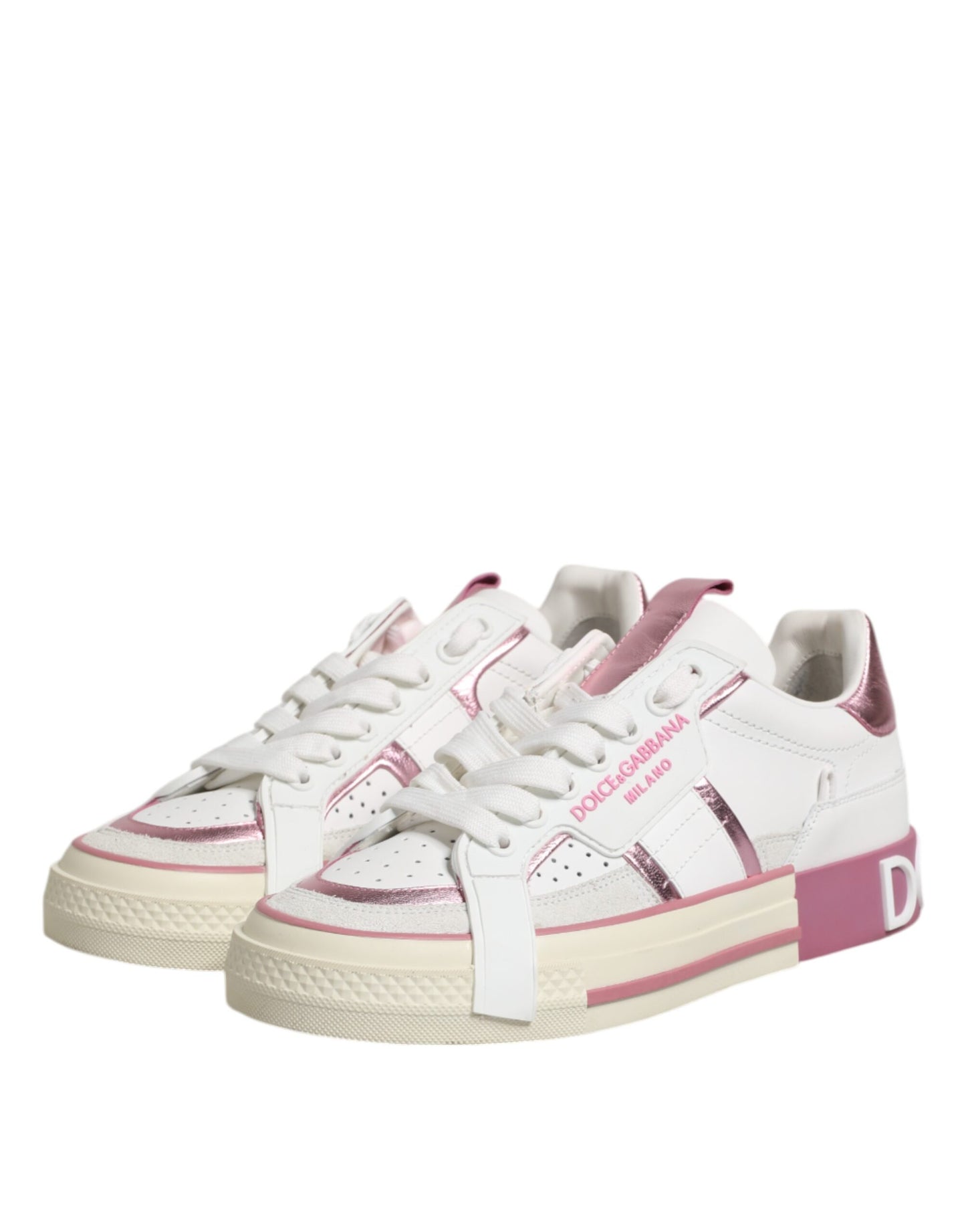 Dolce & Gabbana White Pink Leather Low Top Sneakers Shoes by Dolce & Gabbana