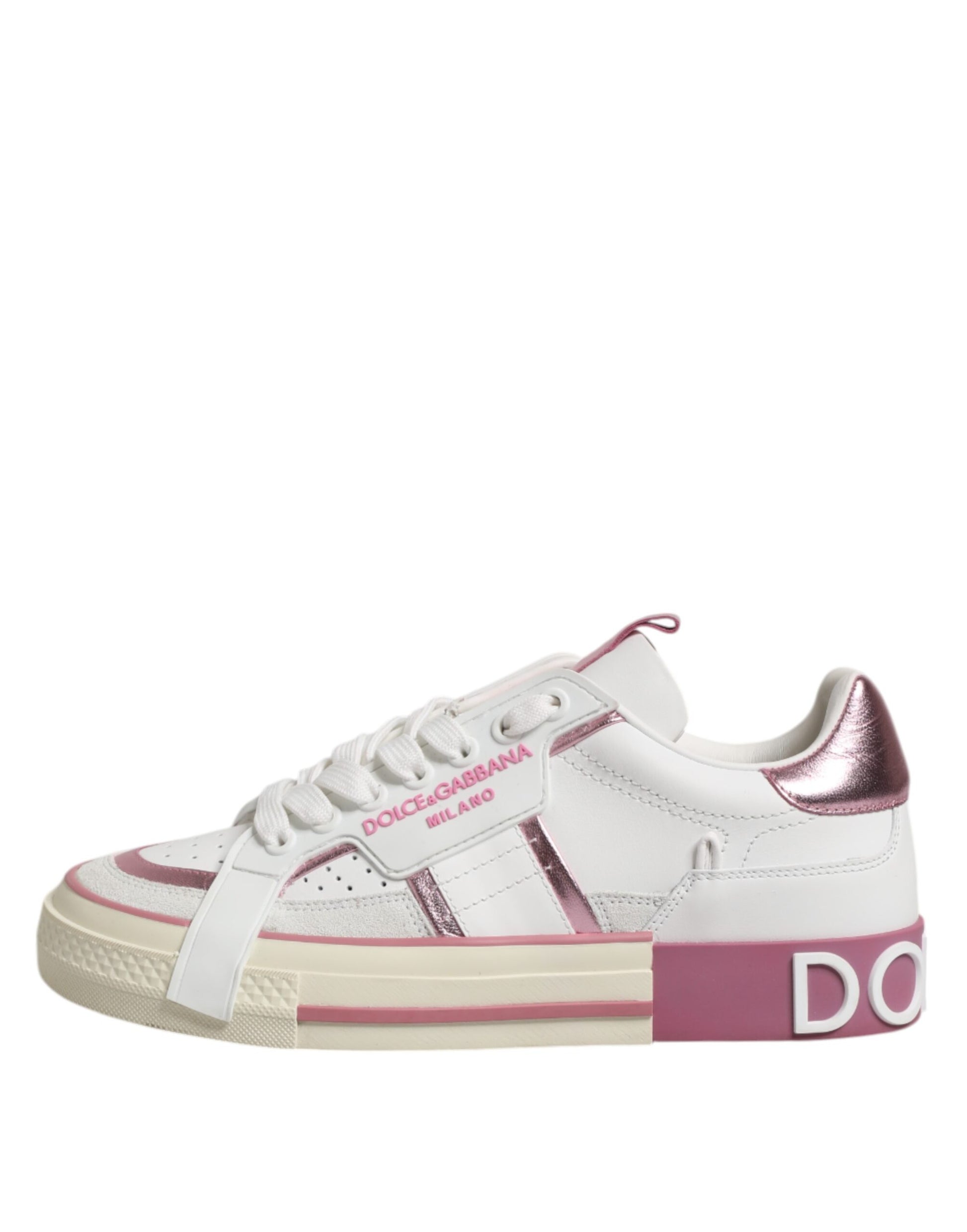 Dolce & Gabbana White Pink Leather Low Top Sneakers Shoes by Dolce & Gabbana