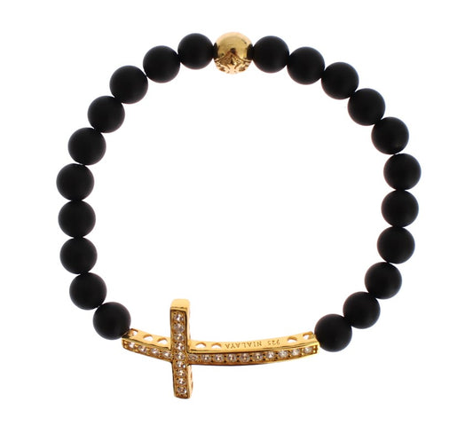 Bracelet croix chic Nialaya en perles d'onyx mat et diamants CZ