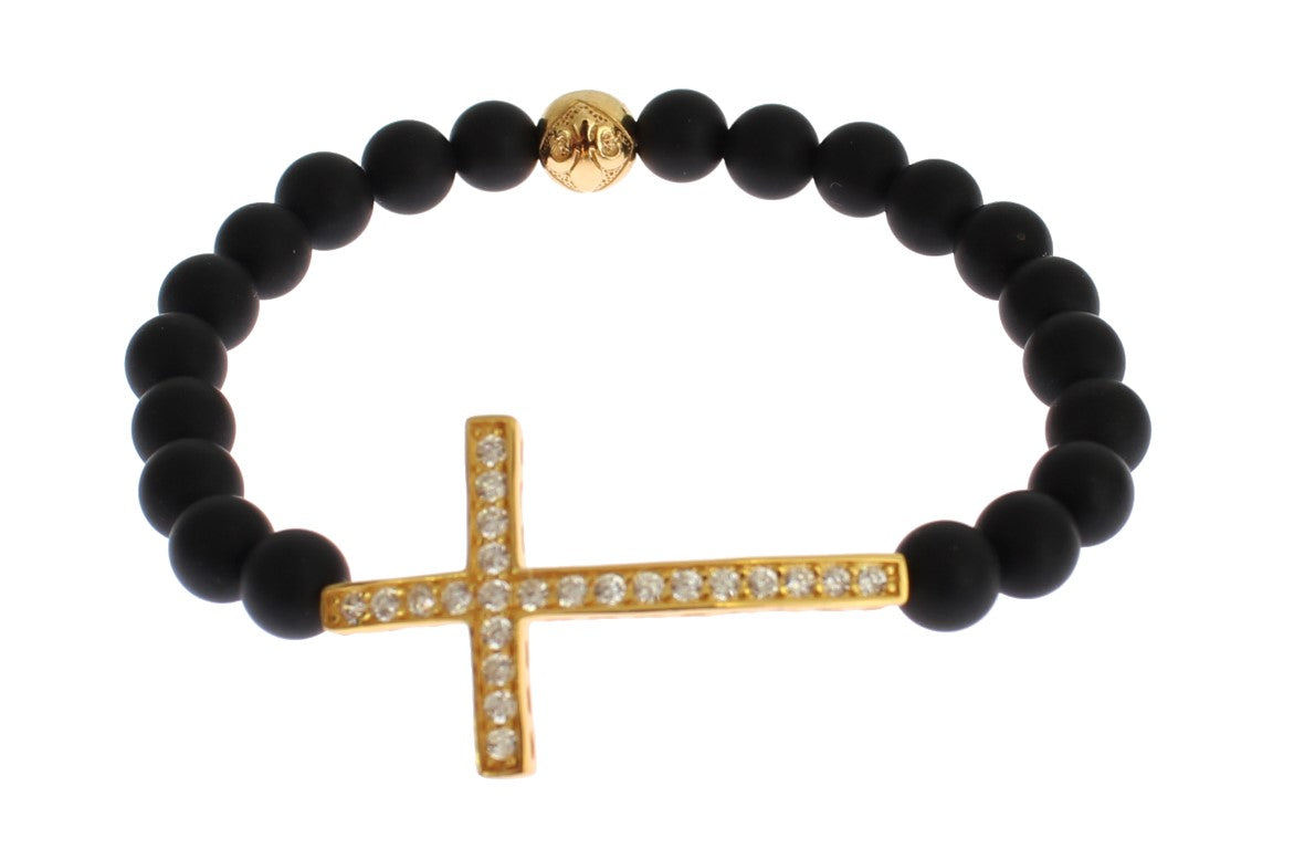 Bracelet croix chic Nialaya en perles d'onyx mat et diamants CZ
