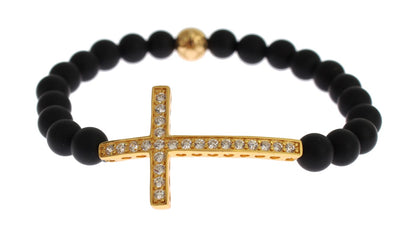 Bracelet croix chic Nialaya en perles d'onyx mat et diamants CZ