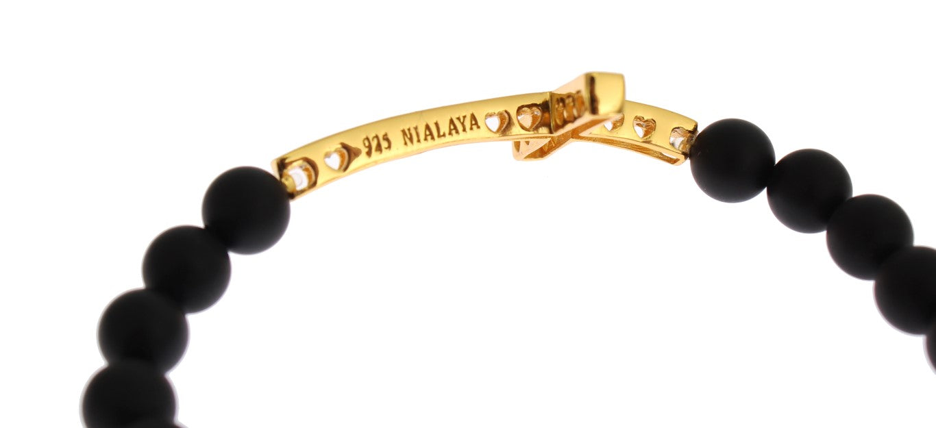 Bracelet croix chic Nialaya en perles d'onyx mat et diamants CZ