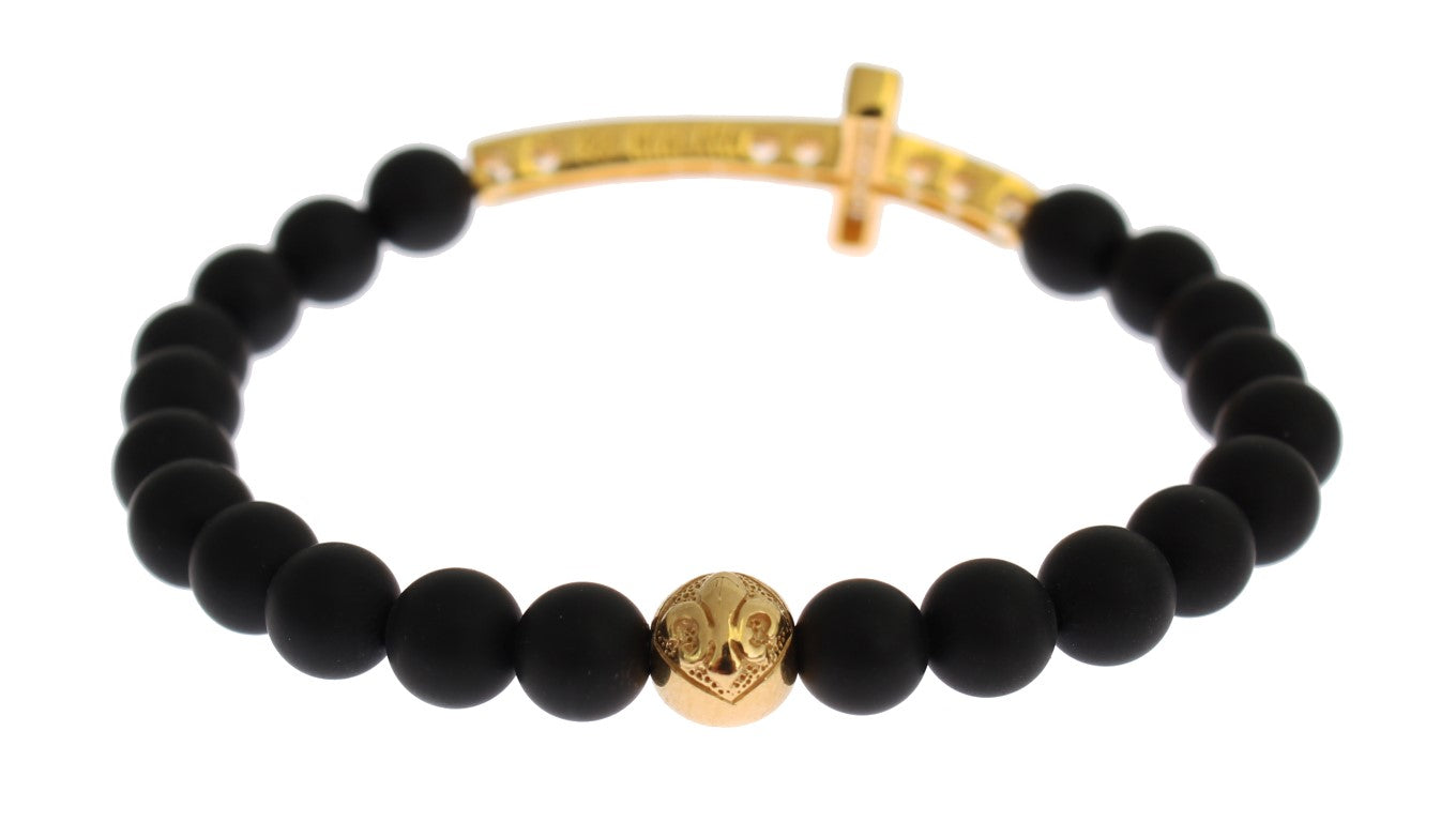 Bracelet croix chic Nialaya en perles d'onyx mat et diamants CZ