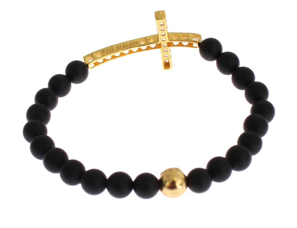 Bracelet croix chic Nialaya en perles d'onyx mat et diamants CZ