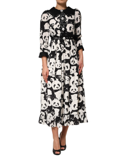 Dolce &amp; Gabbana White Black Panda Print Flared Midi Dress