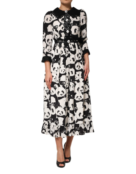 Dolce &amp; Gabbana White Black Panda Print Flared Midi Dress