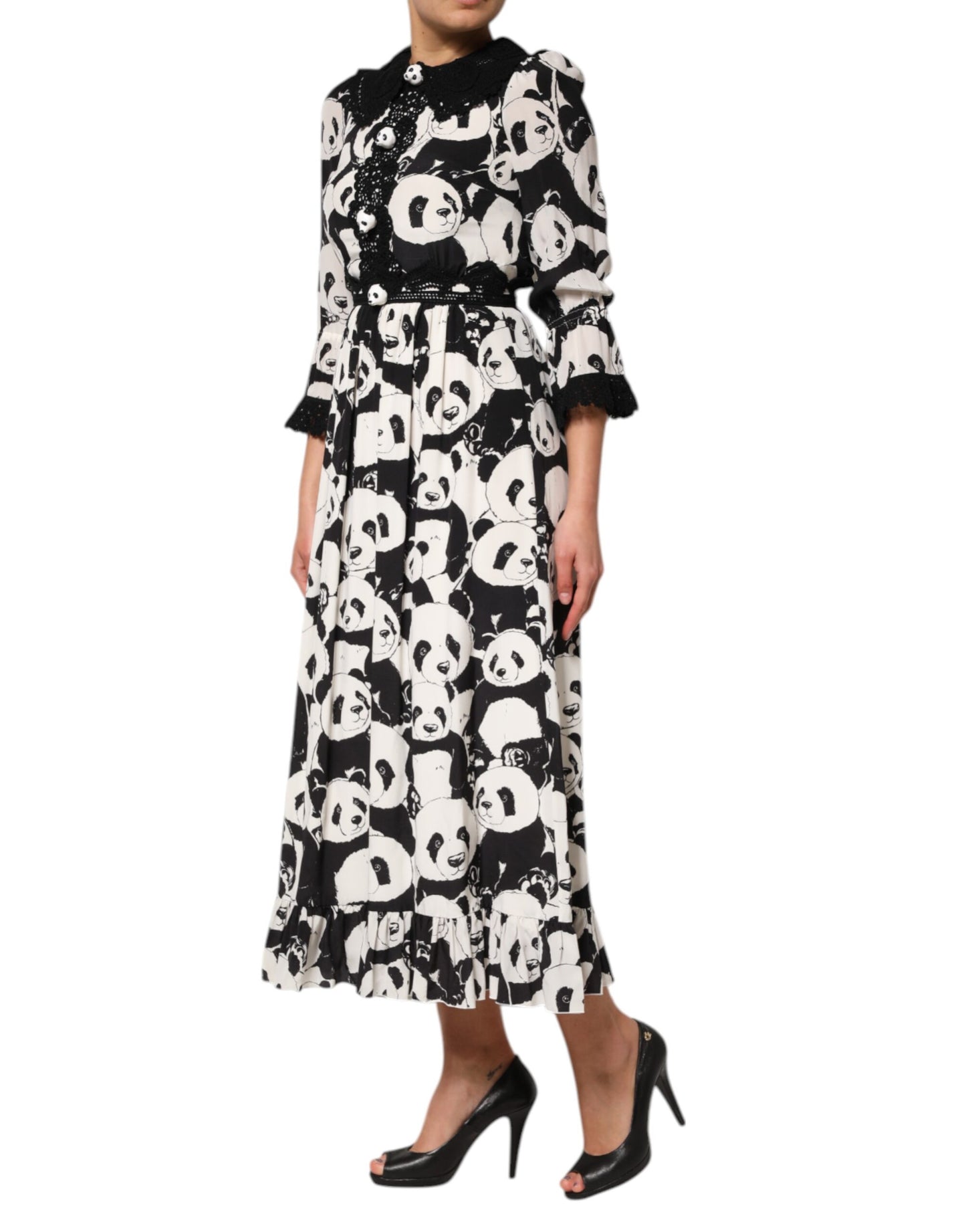 Dolce &amp; Gabbana White Black Panda Print Flared Midi Dress