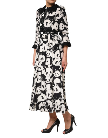 Dolce &amp; Gabbana White Black Panda Print Flared Midi Dress