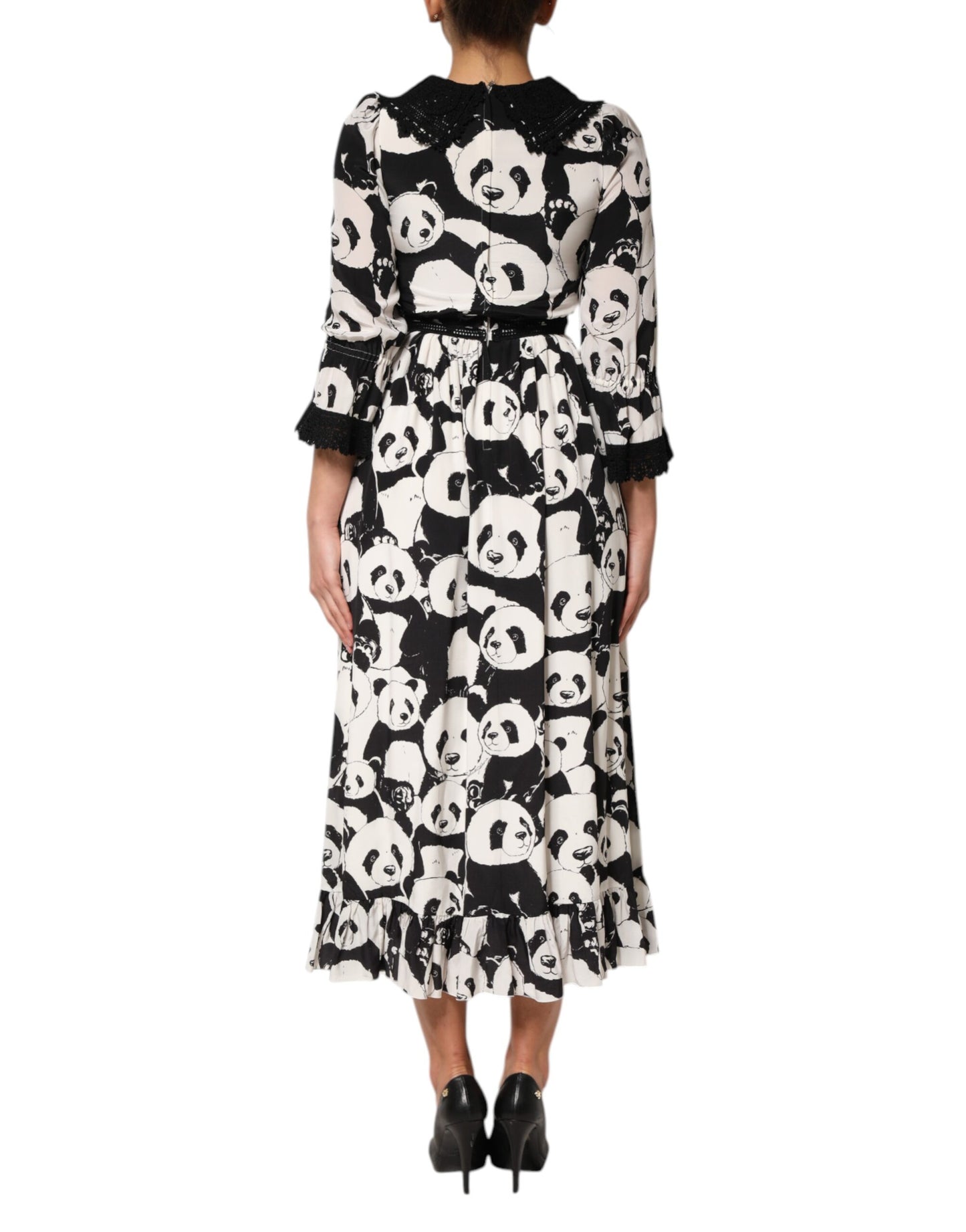 Dolce &amp; Gabbana White Black Panda Print Flared Midi Dress