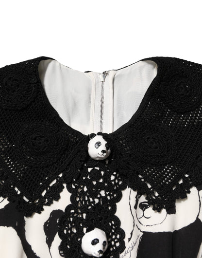 Dolce &amp; Gabbana White Black Panda Print Flared Midi Dress