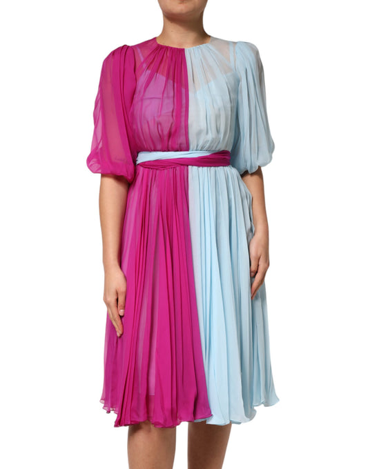 Dolce &amp; Gabbana Fuchsia Light Blue Silk Two Tone Midi Dress