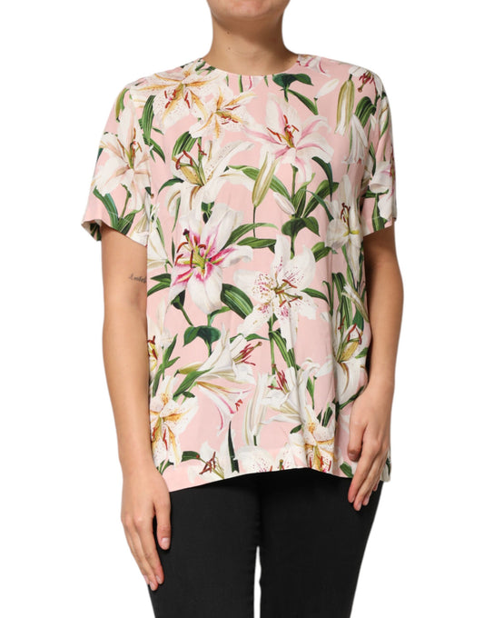 Dolce &amp; Gabbana Pink Lily Printed Round Neck Blouse Top