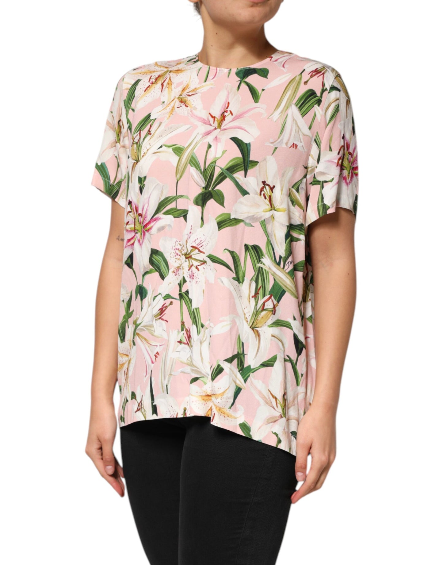 Dolce &amp; Gabbana Pink Lily Printed Round Neck Blouse Top