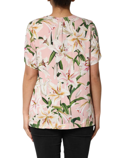 Dolce &amp; Gabbana Pink Lily Printed Round Neck Blouse Top