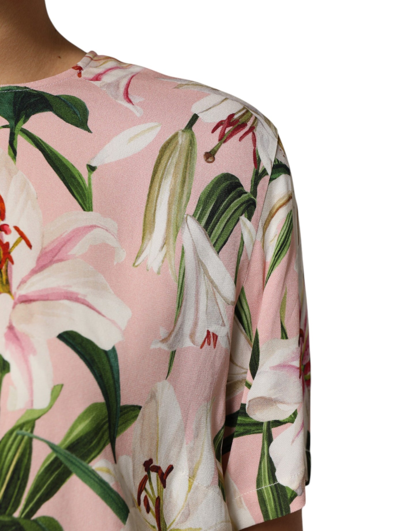 Dolce &amp; Gabbana Pink Lily Printed Round Neck Blouse Top