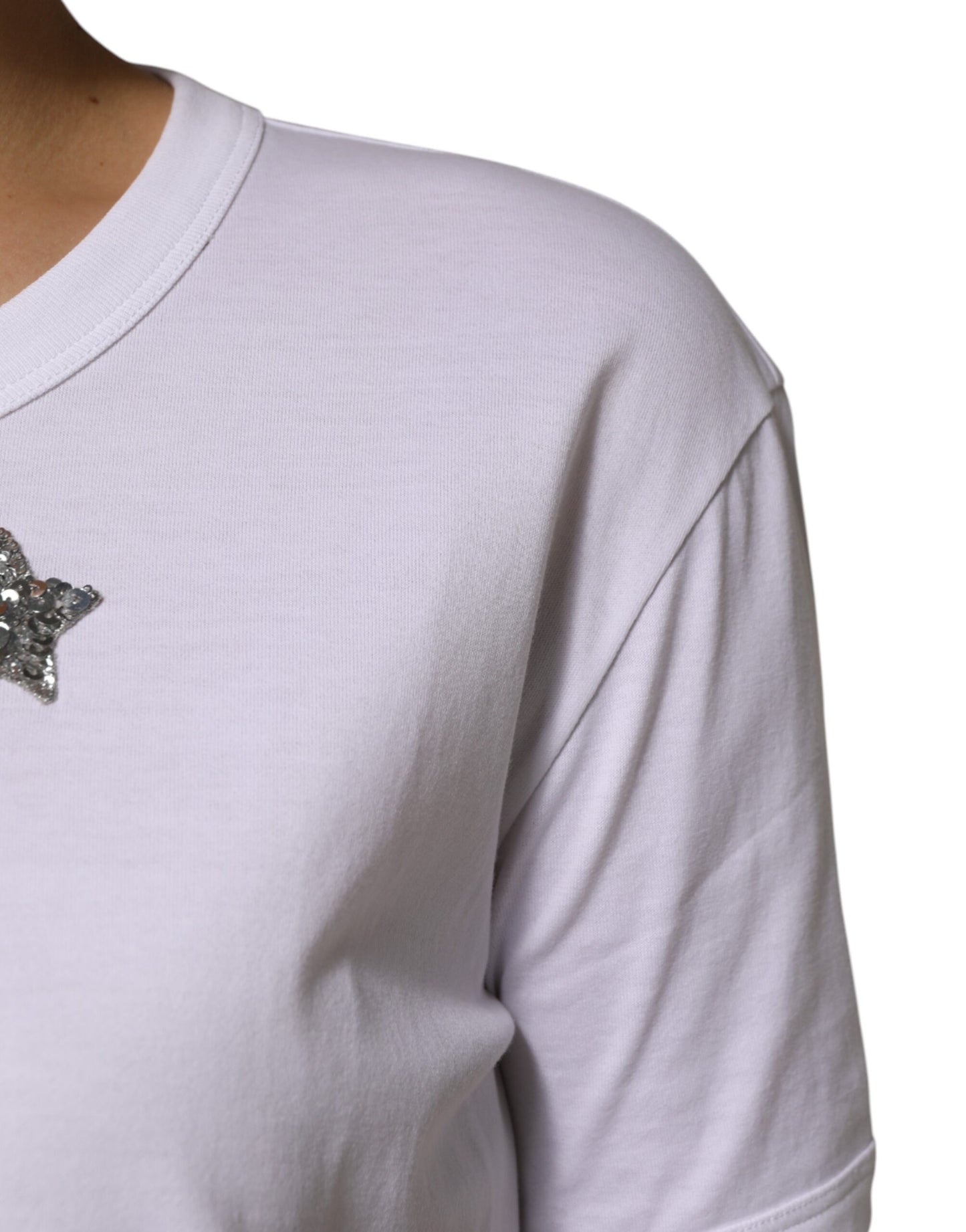 Dolce &amp; Gabbana White Cotton Sequin Embellished Top T-shirt