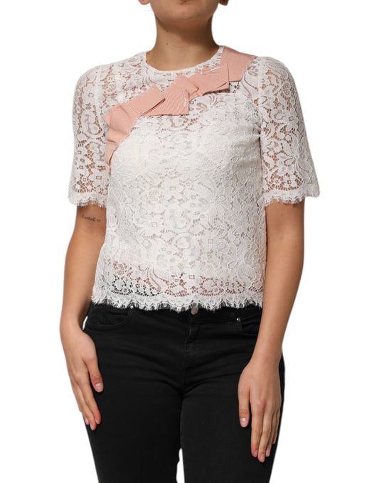 Dolce &amp; Gabbana White Floral Lace Short Sleeves Blouse Top