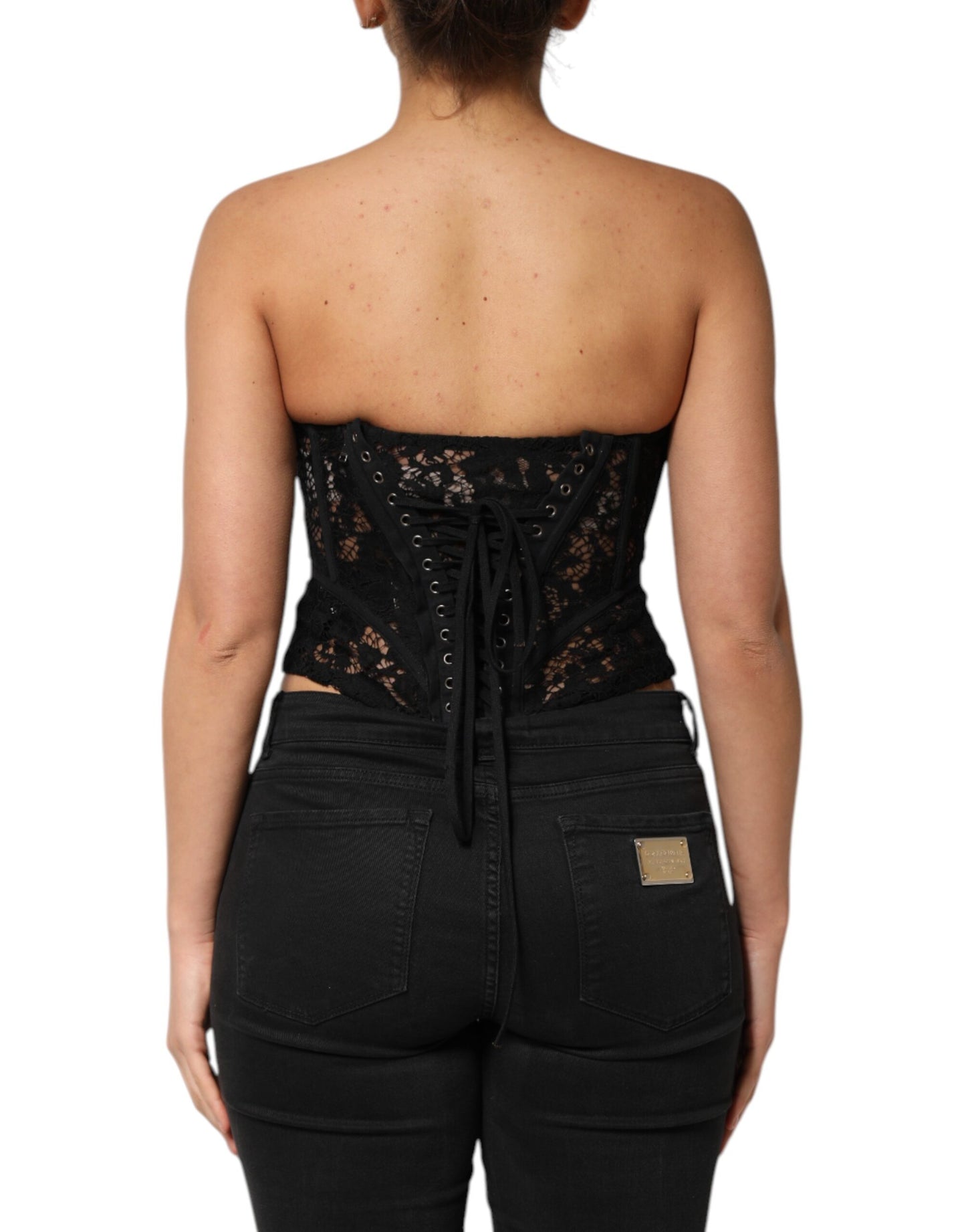 Dolce &amp; Gabbana Black Strapless Floral Lace Bustier Cropped Top