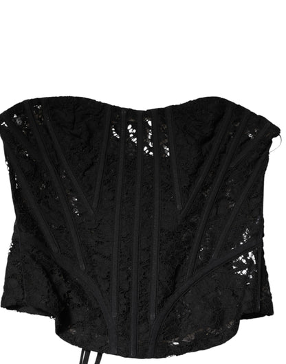Dolce &amp; Gabbana Black Strapless Floral Lace Bustier Cropped Top