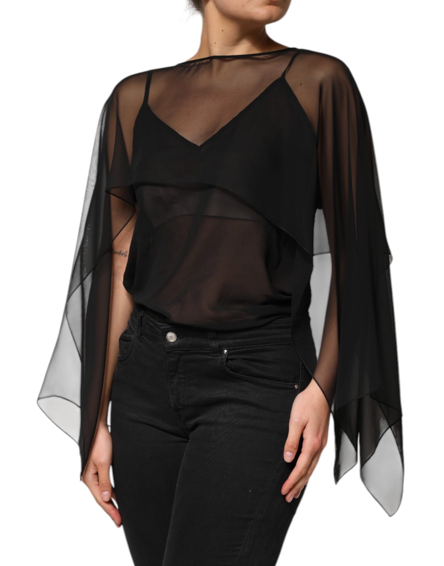Dolce &amp; Gabbana Black See Through Silk Chiffon Lace Blouse Top