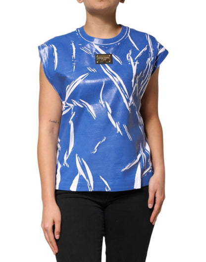 Dolce &amp; Gabbana Blue White Cotton Logo Plaque Women Tank Top