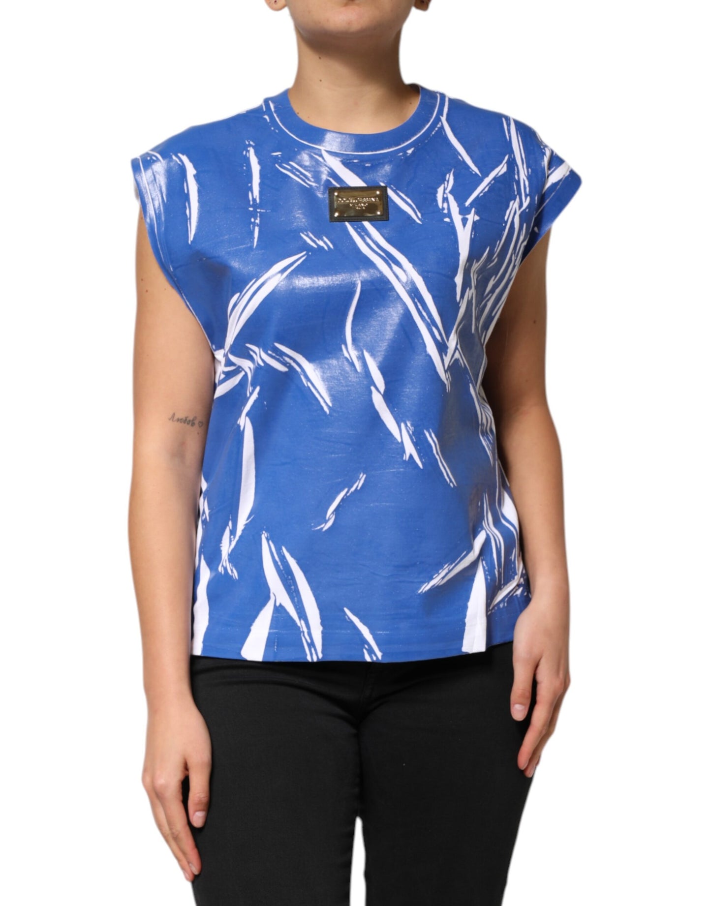 Dolce &amp; Gabbana Blue White Cotton Logo Plaque Women Tank Top