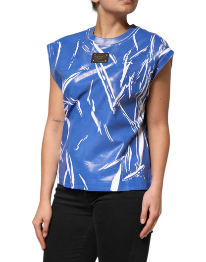 Dolce &amp; Gabbana Blue White Cotton Logo Plaque Women Tank Top